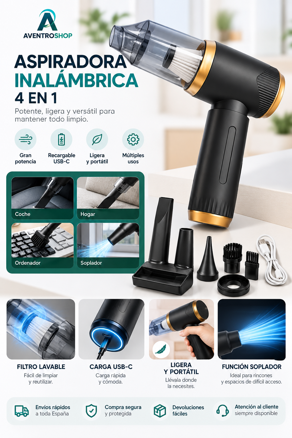 Aspiradora de Mano Inalámbrica 4 en 1 KH-128 – Portátil, Ligera y Recargable USB-C