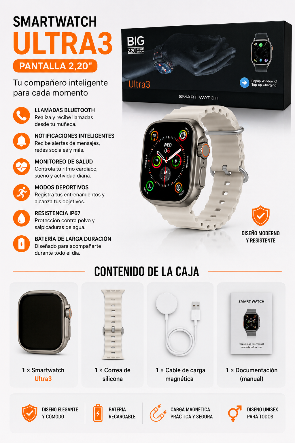 Smartwatch Ultra3 2,20" con Llamadas Bluetooth, Pantalla AMOLED y Resistencia IP67